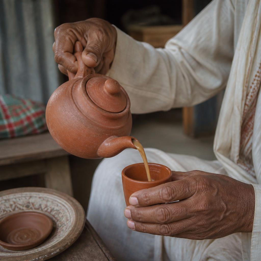 Hands pouring tea into a small clay cup